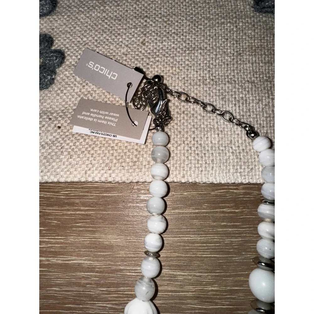 Chicos‎ White Beaded Necklace with Oval Pendant Statement Jewelry